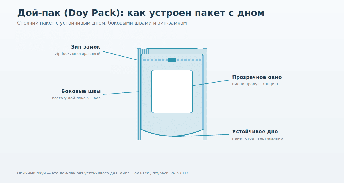 Дой-пак (Doy Pack) что это: устройство пакета с устойчивым дном, боковыми швами и зип-замком, как выглядит