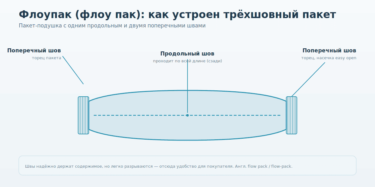 Флоупак (флоу пак) что это: трёхшовный пакет-подушка с продольным и поперечными швами, как выглядит