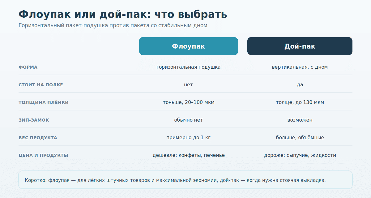 Чем флоупак отличается от дой-пака: форма, толщина плёнки, зип-замок, вес продукта