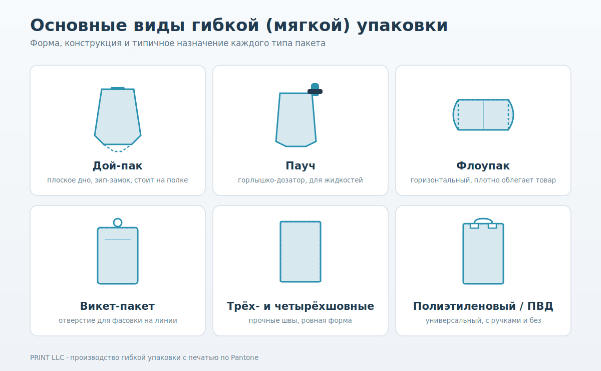 Виды гибкой упаковки: дой-пак, пауч, флоупак, викет, трёх- и четырёхшовные, полиэтиленовые пакеты
